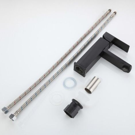 Robinet d'évier en laiton/zinc, noir, eau chaude/froide, flexibles, bec bas, levier unique [QLI-FA-4311] (1/2)
