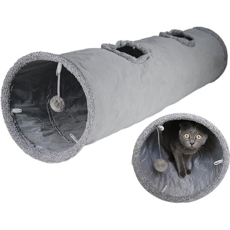 Tunnel pliable pour chat, 30 x 130 cm, tunnel de jeu en peluche avec 2 trous et balle suspendue pour chatons, chiots, lapins et petits chiens (gris) (1/5)