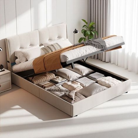 Letto Contenitore 160x200 cm Matrimoniale in Velluto Beige con LED e Ripostiglio - Design Moderno e Confortevole per Camera da Letto Adulti - Rete Inclusa