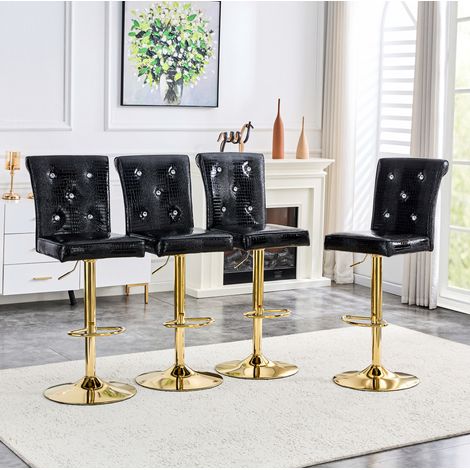 Juego de 4 sillas de bar, diseño vintage efecto cocodrilo, tapizado en PVC negro con detalles de cristal (1/5)