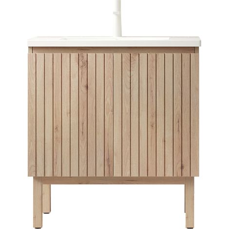 Mueble de baño de pie 80 cm con lavabo cerámico integrado y 2 puertas roble blanco (1/4)