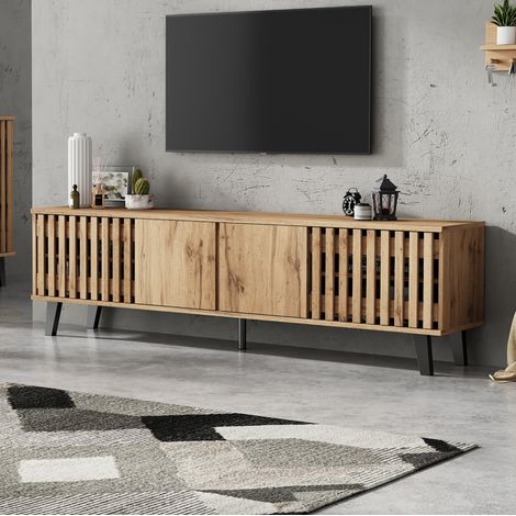 Mobile TV 180x40x55 cm colore legno naturale in truciolare con 8 vani, 4 ante e ripiano aperto (1/5)