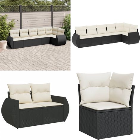 Salon de jardin 6 pcs avec coussins noir résine tressée - Ensemble Salon De Jardin - Mobilier Extérieur - Canapé Jardin - Chaise Lounge - Set Salon De Jardin - Home & Living (1/5)