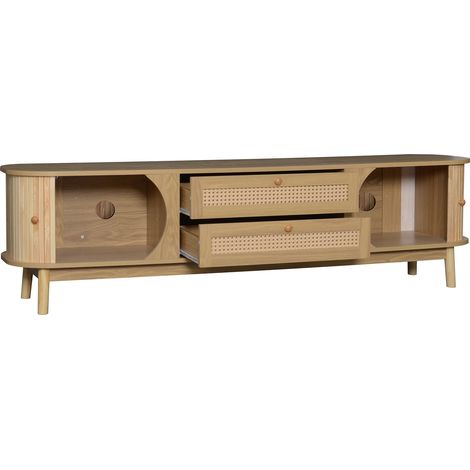 Meuble TV en bois naturel avec portes, tiroirs et rotin, 170 x 39,5 x 46 cm, MODENUIT (1/5)