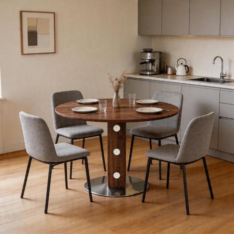 Table de salle à manger ronde moderne avec pied carré en bois et accents miroir, finition noyer et piètement en métal, diamètre 100 cm, pour 2 à 4 personnes, idéale pour la cuisine, la salle à manger 