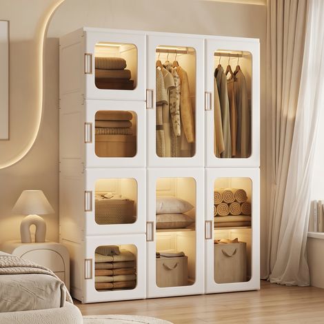 Armoire chambre Meuble penderie à 4 portes PET transparentes magnétiques - Grande capacité, Armoire vetement - Moderne Chic Blanc, 136x50x104 cm