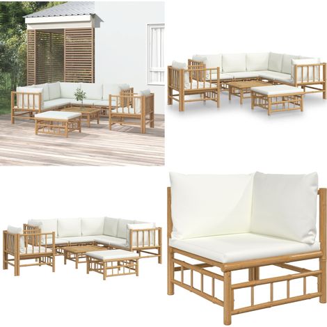 Set de muebles de jardín 8 piezas bambú y cojines blanco crema - Muebles de exterior - Sofás de jardín