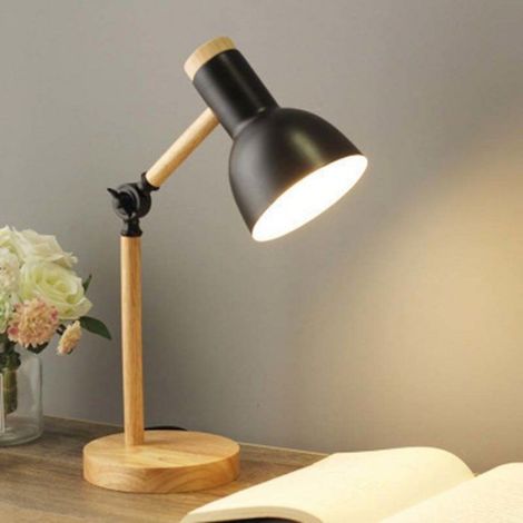 Lampe de table en bois LED tête rotative lampe de chevet simple protection des yeux Modèle noir gradation tricolore de 5 watts