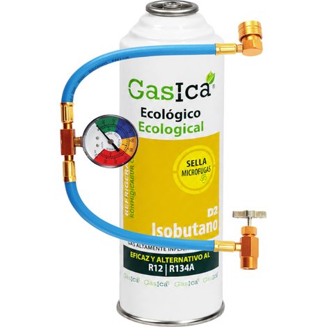Kit Gasica D2 226g Sustituto R134a R12 Manguera con Manómetro Automoción Sella Fugas y Trazador Gas Ecológico HC