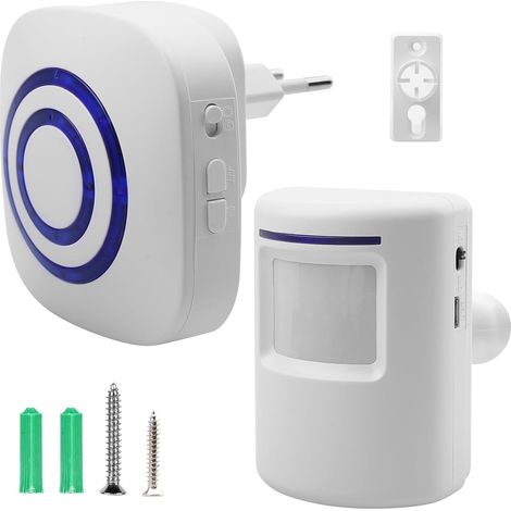 Alarme de passage sans fil : sonnette de magasin sans fil avec 1 récepteur électronique plug-in et 1 détecteur de mouvement PIR, détecteur de passage, sonnette de porte sans fil avec détecteur de (1/5)