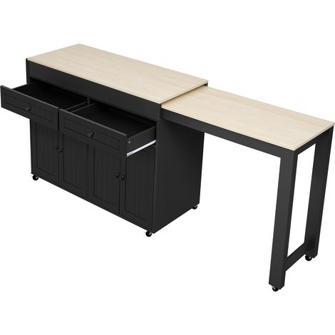Îlot de cuisine mobile avec plateau extensible et tiroirs, MDF noir et naturel, 112-180,5 x 45 x 92,2 cm (1/5)