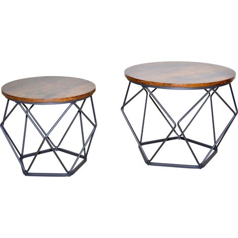 Ensemble de 2 Tables Rondes –tables d'appoint et bois Rustique & Métal Noir DEC050088 (1/2)