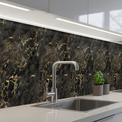 REVETEMENT MURAL DE CUISINE, CRÉDENCE DE CUISINE Noir - Marbre - Or - Nerf 450x60 cm