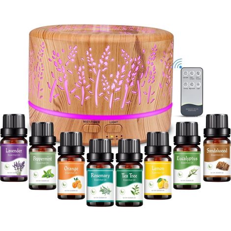 500ml Humidificateur d'air Diffuseur avec huiles essentielles 8X 10ml Set Diffuseur d'aromathérapie d'air sans Eau - Arrêt Automatique, Sans BPA, 14 LED Couleur pour Bureau Maison Salon Yoga Chambre (1/5)