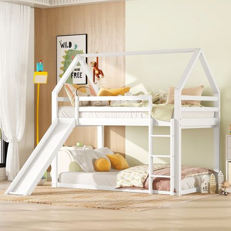 Modernluxe – Lit superposé cabane avec toboggan – Dimensions 205x220x180cm – Cadre en pin massif – Capacité 120kg – Pour matelas 90x200cm (1/9)