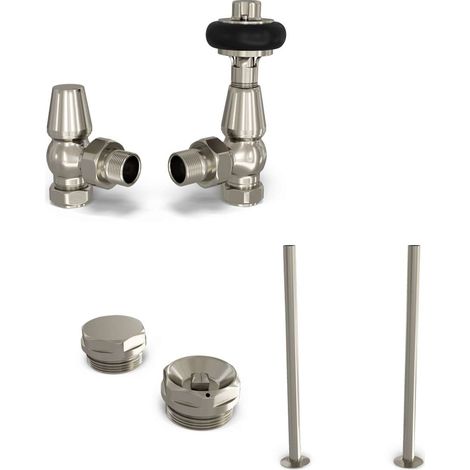 Signature Wooden Head - Silver Nickel Thermostatic Radiator Valve & Installation Kit Angled 15mm (1/3)