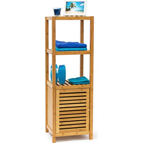 Relaxdays Estantería Baño de Bambú, 4 Estantes, 110x36,5x33cm, con Puerta, Librería Madera, Baño y Salón, Marrón Natural (1/5)