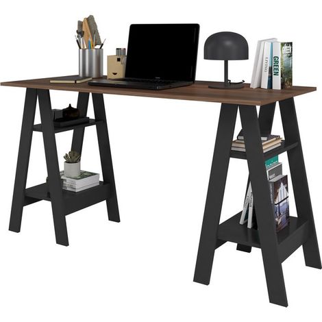 Beaux Meubles Pas Chers – Bureau droit 2 tréteaux – 4 niches – Noir et châtaignier – Longueur 135 cm, Hauteur 75 cm, Profondeur 60 cm – Bois certifié FSC (1/5)