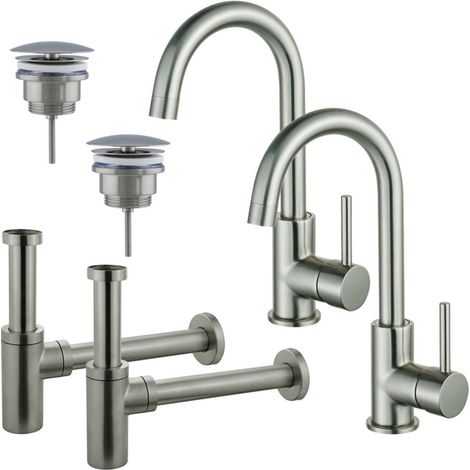 FugaFlow Eccelente Sobrado Kit robinet lavabo - pour double vasque - robinet haut - bec rotatif - bonde non-obturable - siphon design - Inox brossé (1/4)