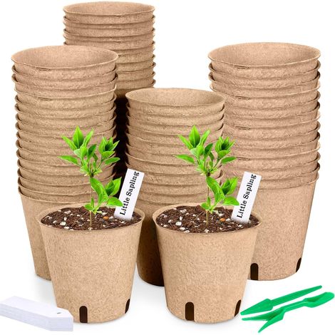 Godets pour Semis 8 cm, 50 Pièces Kit de Pots de Semis en Fibre Biodégradable, Godet de Rempotage avec 50 Étiquettes pour Plantes et 2 Outils (1/5)