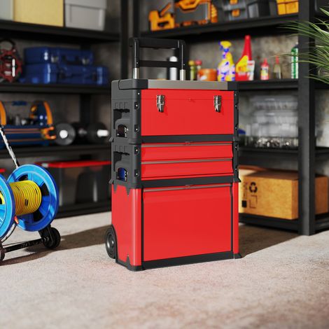 Set di 3 cassette portautensili impilabili e modulari in acciaio su ruote con vassoio, maniglie e serratura, rosse