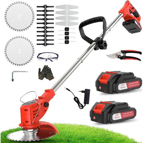 Cordless Electric Brushcutter, Brushless Lawn Trimmer with 2 Batteries and 4 Blades with Adjustable Handle, Portable Outdoor Lawn Trimmer for Cutting Grass (1/5)