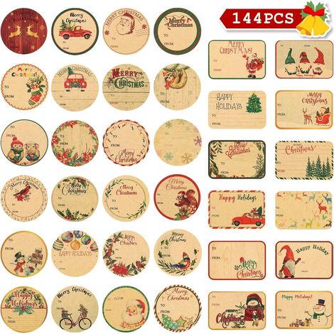 144 x Christmas Gift Tags, Kraft Paper, Christmas Gift Tags for Decorative Gift Packaging (36 Assorted Designs) (1/5)