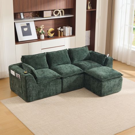Divano modulare 3 posti in chenille verde 256 cm OKMYHOME (1/5)