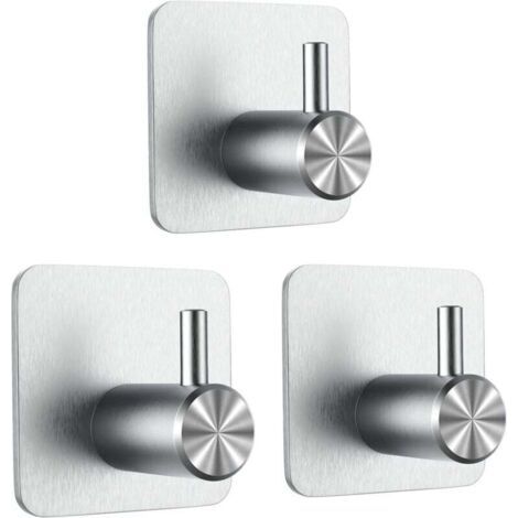 3 Pièces Crochet Adhésif 3M, Crochet Mural de Salle de Bains, Sans Perçage Porte Serviette, Acier Inox Accroche Torchon Cuisine, Argent