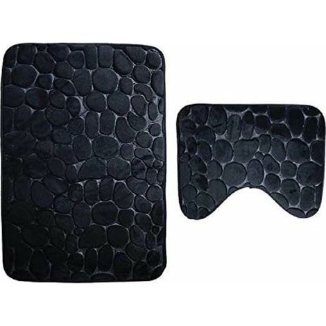 Set of 2 Anti-Slip Bath Mat and Pedestal Rug for Machine Washable Bathroom (50 80+40 50cm) - Black (1/4)