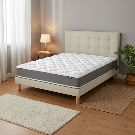Ensemble matelas mousse H16 35Kg/m3 sommier tete de lit capitonee beige 140 x 200 (1/5)