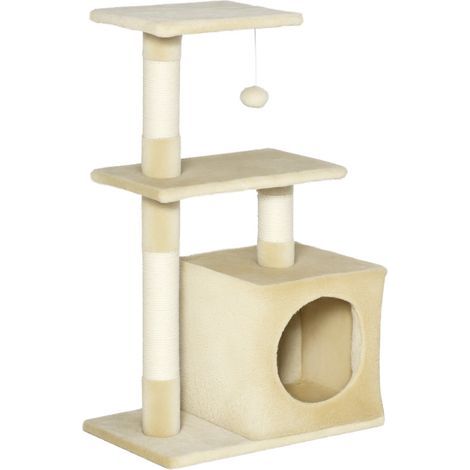 Katzenkratzbaum mit Sisalstämmen, 2 Plattformen, Katzenhöhle, Ball und Plüschbezug, 50 x 30 x 81,5 cm, beige (1/5)