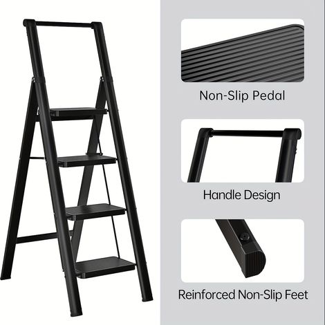 Escabeau 4 marches pliable adulte,pédales larges ergonomiques et pieds antidérapants. Modèle léger en acier pour usage quotidien.