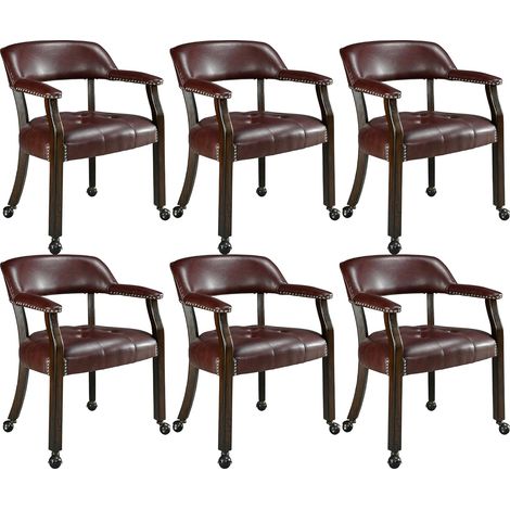 PADMA HOUSE Set of 6 Large Dining Chairs with Casters and Arms, Rolling Dining Chairs with Wheels, Accent Game Poker Chairs, Boss Caption's Chairs, Solid Wood Legs and Faux Leather Seat, Cherry Brown (1/5)