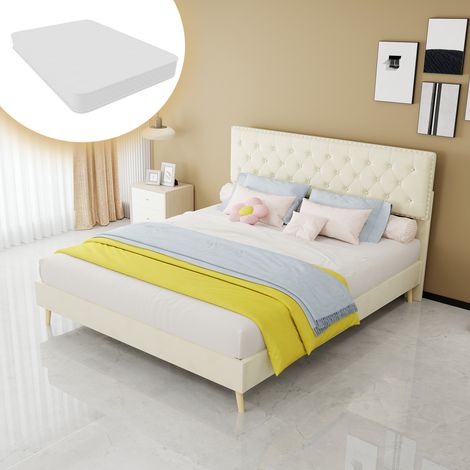 Lit rembourré moderne minimaliste, tête de lit confortable et moelleuse, 160200CM, beige, meuble de chambre multifonction, cadre de lit coffre bas sans vérin à gaz, matelas 160200 cm inclus. (1/5)