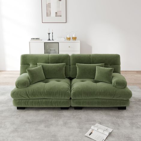 Canapé droit 2 places en tissu chenille – Ensemble modulaire structure bois – Canapé confortable pour salon appartement bureau – 220 x 77 cm – Vert (1/5)