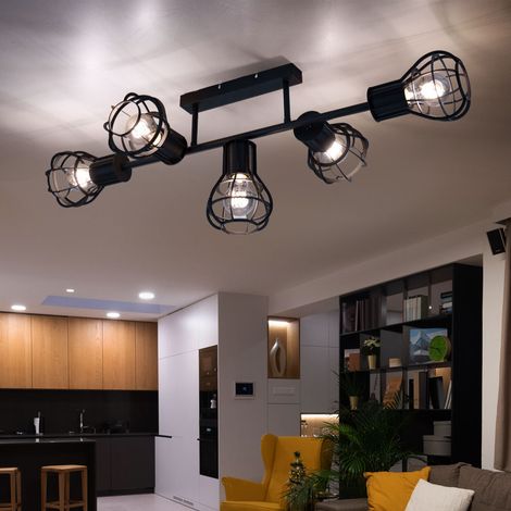 Deckenleuchte Deckenlampe Spotleuchte Esszimmer Käfigoptik 5 flammig Deckenlampen, Metall schwarz, 5x E27 Fassung, LxBxH 90x37x30 cm (1/5)