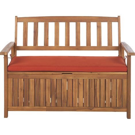 Banco de jardín con almacenaje de madera maciza de acacia 2 plazas 120 cm color claro cojín rojo Sovana (1/5)