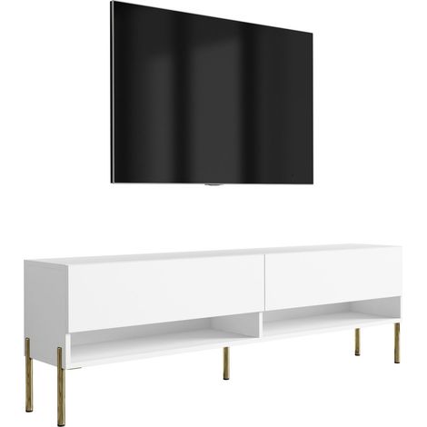 Meuble TV 170 cm Blanc Mat, pieds droits dorés, 170 × 32 × 52 cm (1/5)