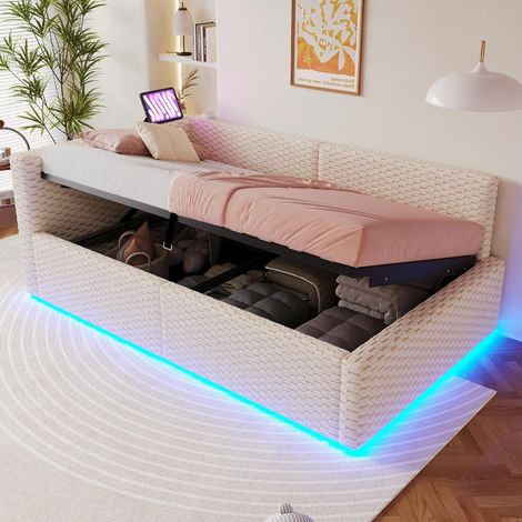 Lit coffre 90x200 cm avec led et ports usb type-c - Lit banquette capitonné en velours beige avec sommier relevable hydraulique et dossier en l - 1 personne style moderne