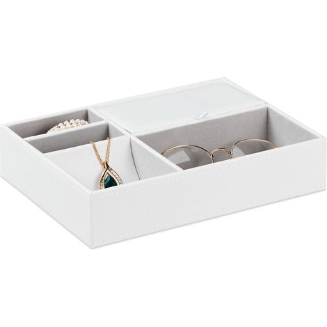 Relaxdays Portagioie, Organizer Cassetti, 5 Scomparti per Gioielli, Cofanetto con Coperchio, HLP 5x25,5x18,5 cm, Bianco