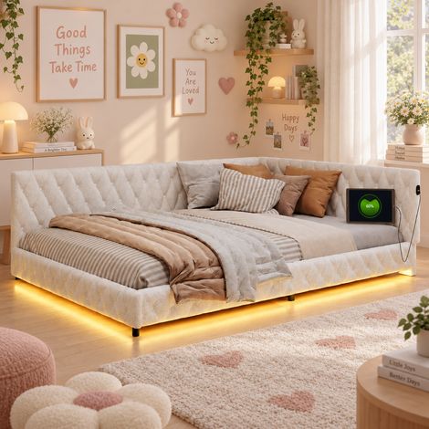 Lit capitonné 140×200cm, lumière LED, lit double en forme de L, ports USB et Type-C, cadre de lit 140×200, tête de lit rembourrée, sommier à lattes, lit adulte, lit ados, Teddy bouclé, Beige (1/5)