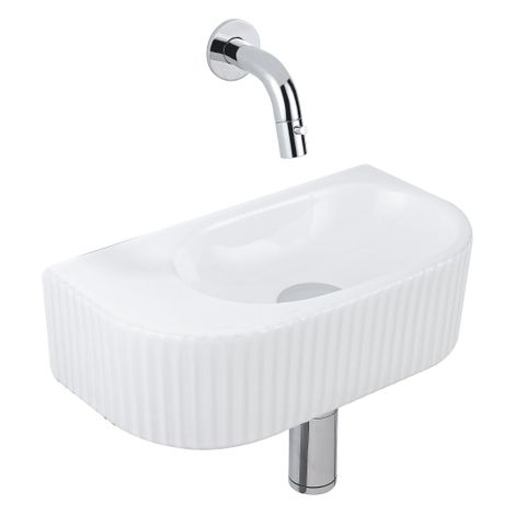 QeramiQ Fuente Ensemble de Lavabo - 40x21.5x12cm - strié - demi-rond - céramique - ensemble de robinet chrome - bouchon de vidange - siphon réduit -