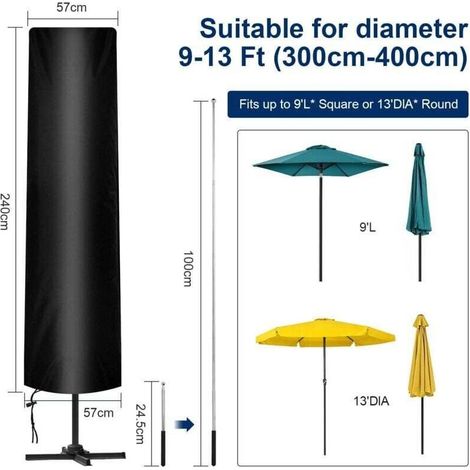 Cette housse de parasol à pied latéral avec mât télescopique est fabriquée en tissu Oxford 210D, imperméable, coupe-vent et anti-UV, et convient à une utilisation extérieure au jardin. Ses dimensions (1/4)