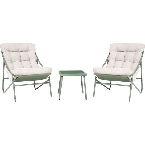 Ensemble de Salon de Jardin Structure en Acier 2 Fauteuils Assises en Tissu Table Vert et Beige Molveno