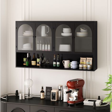 Pensile da parete a 4 ante in vetro e metallo, 120 x 23 x 70 cm, nero, vetro grigio (1/5)