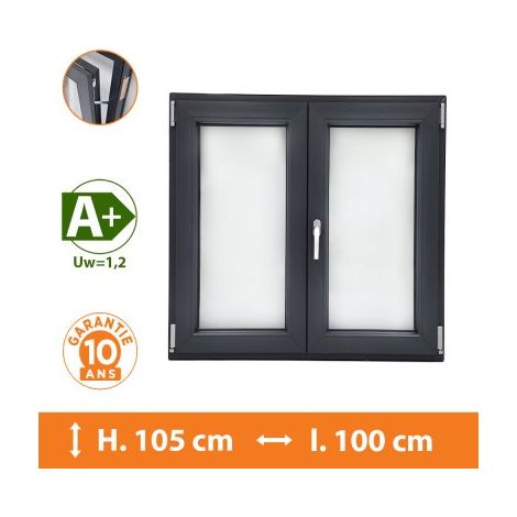 Direct Fenêtres – Fenêtre PVC 2 vantaux gris anthracite H.105 x l.100 cm – Double vitrage 4/16/4 – Isolation thermique Uw = 1,2 – Ouverture oscillo-battante (1/5)