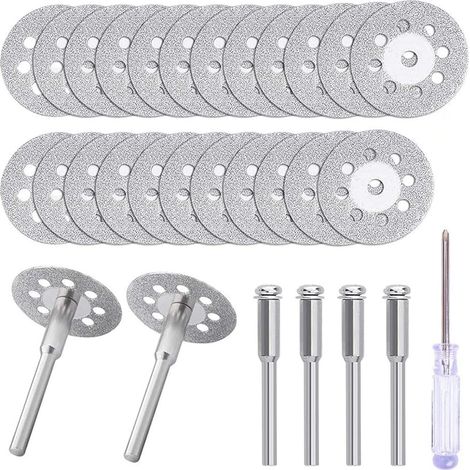 20 Pcs Mini Disque Diamant à Tronçonner, Disques Diamant Carrelage Avec 4 Mandrin de 3 MM et 2 Tournevis Cruciformes pour Coupe Pierre, Verre, Céramique (1/5)