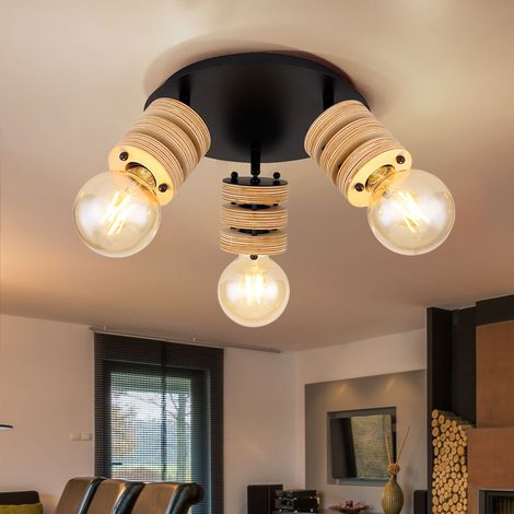 Plafoniera plafoniera faretto lampada in legno luce in legno, faretti mobili 3 lampadine, metallo nero legno naturale, attacchi E27, DxH 28x17,5cm