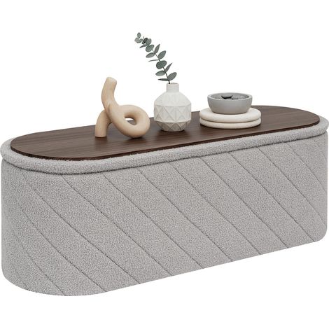 Banc de Rangement avec Couvercle Rembourré, Ovale et Pliable, Servant de Repose-Pieds en Tissu Bouclé pour Salon, Chambre, Gris, 110x38x38 cm (1/5)